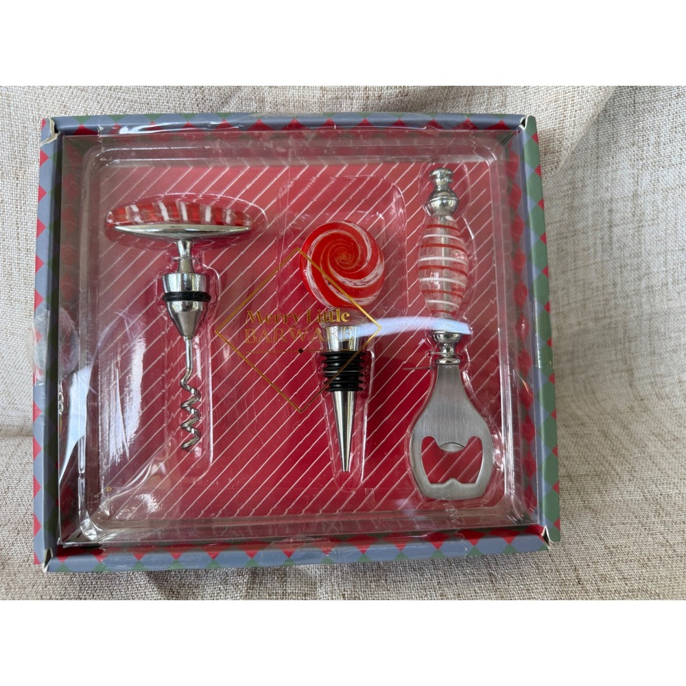 Merry Little Barware 3pc Set Red New Peppermint Candy Glass Holiday
